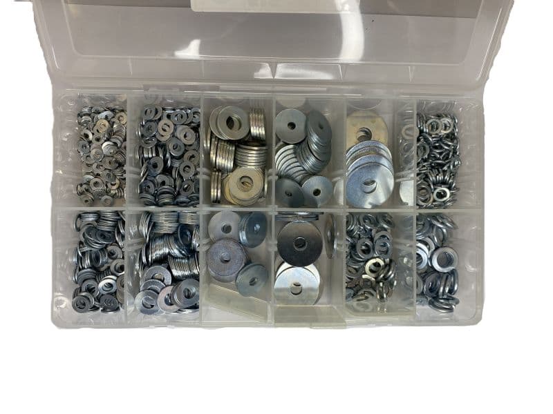 Assortiment doos 1265 ringen sluitringen,veerringen en carrosserieringen verzinkt productafbeelding