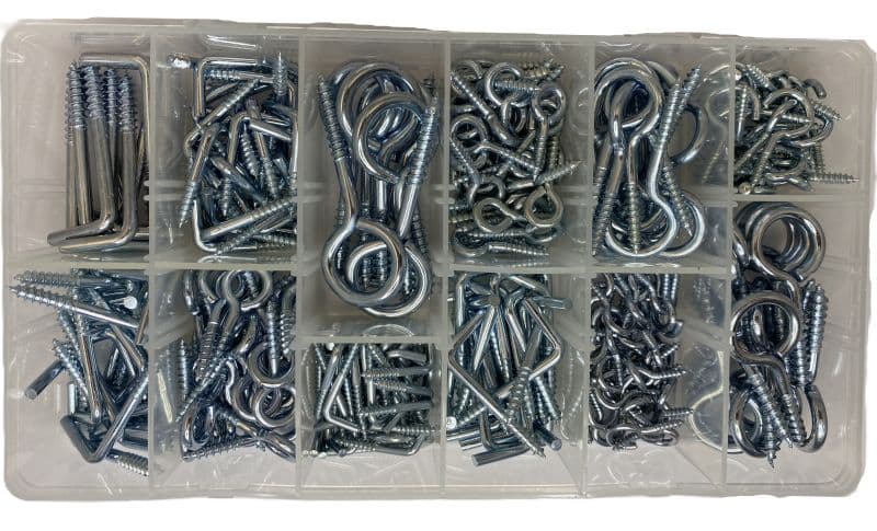 Assortimentsdoos 298 schroefhaken, schroefogen en schroefduimen verzinkt productafbeelding