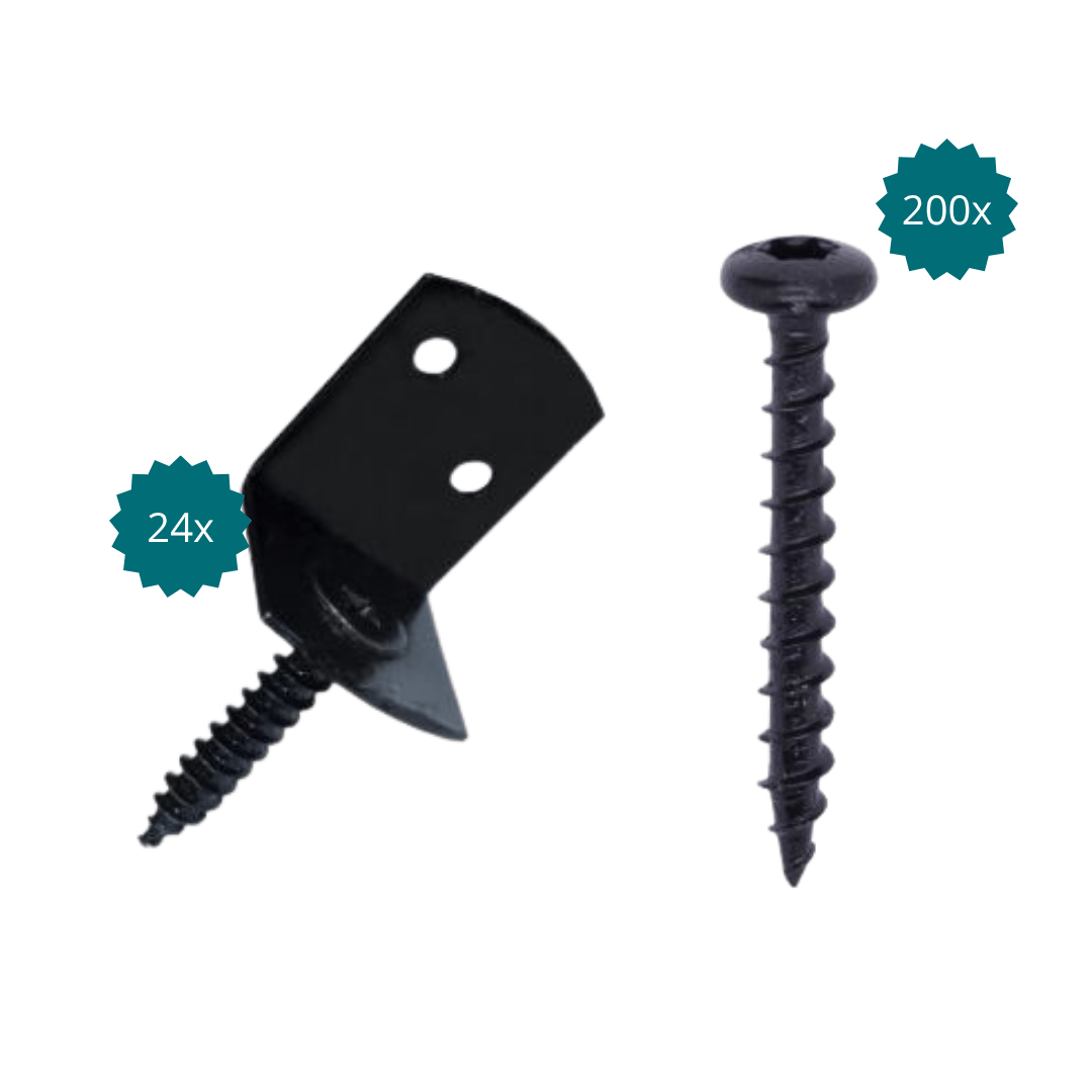 Complete schuttingmontage set zwart– 4 zwarte vlechtschermsteunen + Woodies Outdoor Blackline schroeven 4x30mm