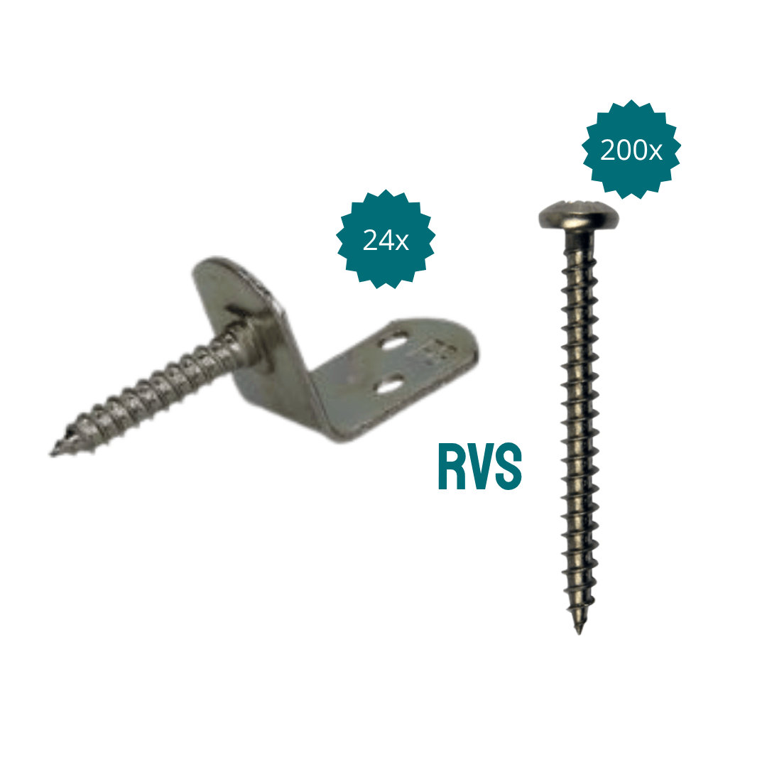 Complete schuttingmontageset – 24x RVS vlechtschermsteunen + RVS bolkopschroeven 4x30 mm