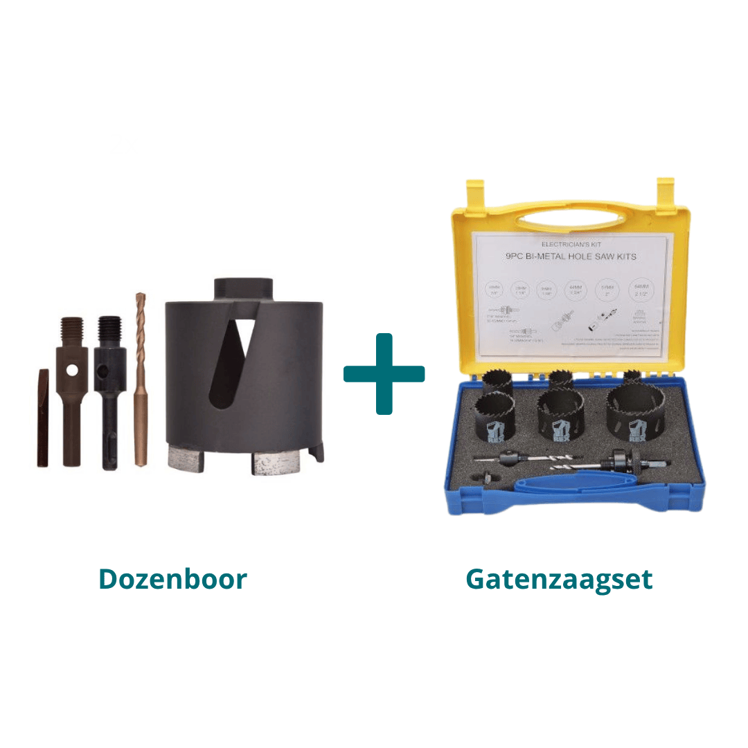 Complete boor- en gatenzaagset – Diamant dozenboor 82 mm + REX gatenzaagset 9-delig bundelafbeelding