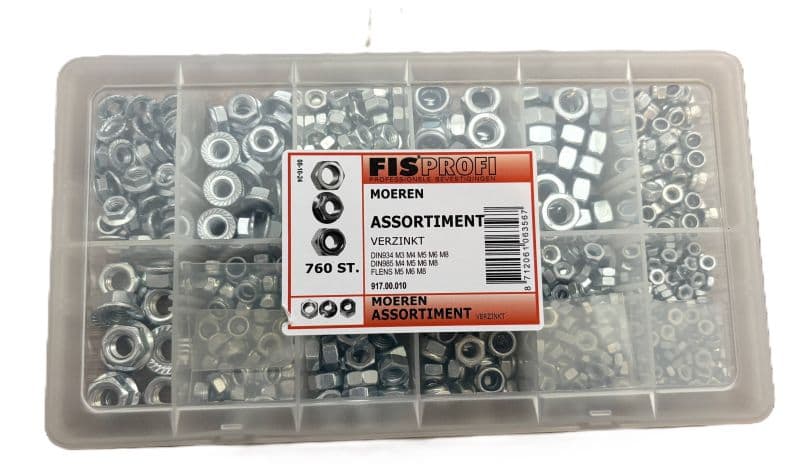 Assortimentsdoos 760 zeskantmoeren, borgmoeren en flensmoeren verzinkt