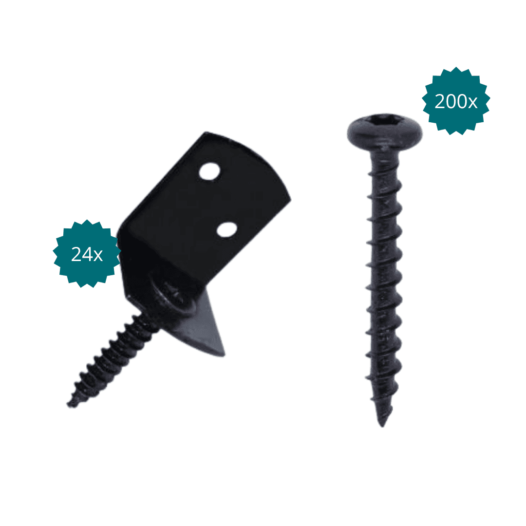 Complete schuttingmontage set zwart– 4 zwarte vlechtschermsteunen + Woodies Outdoor Blackline schroeven 4x30mm